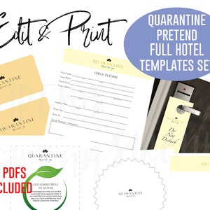 Plantillas personalizadas de hotel de simulación de cuarentena, Resort & Spa, colgador de puerta, tarjeta de acceso, hacer creer, imprimir, descargar, jugar, falso, editable, establecer