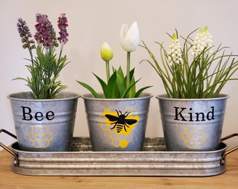 BEE KIND-Customize Your Phrase!, Galvanized Metal Flower/Herb Pots with Tray, Flowers NOT Included