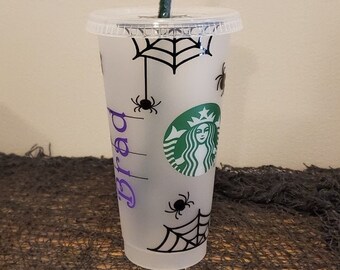 Copa Starbucks de araña personalizada de Halloween; Diseño temático de Halloween de taza fría reutilizable Starbucks de 24 oz