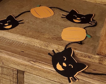 Decoración de Halloween con una guirnalda de gato negro y calabaza de inspiración vintage; guirnalda sencilla de Halloween; guirnalda de gato negro