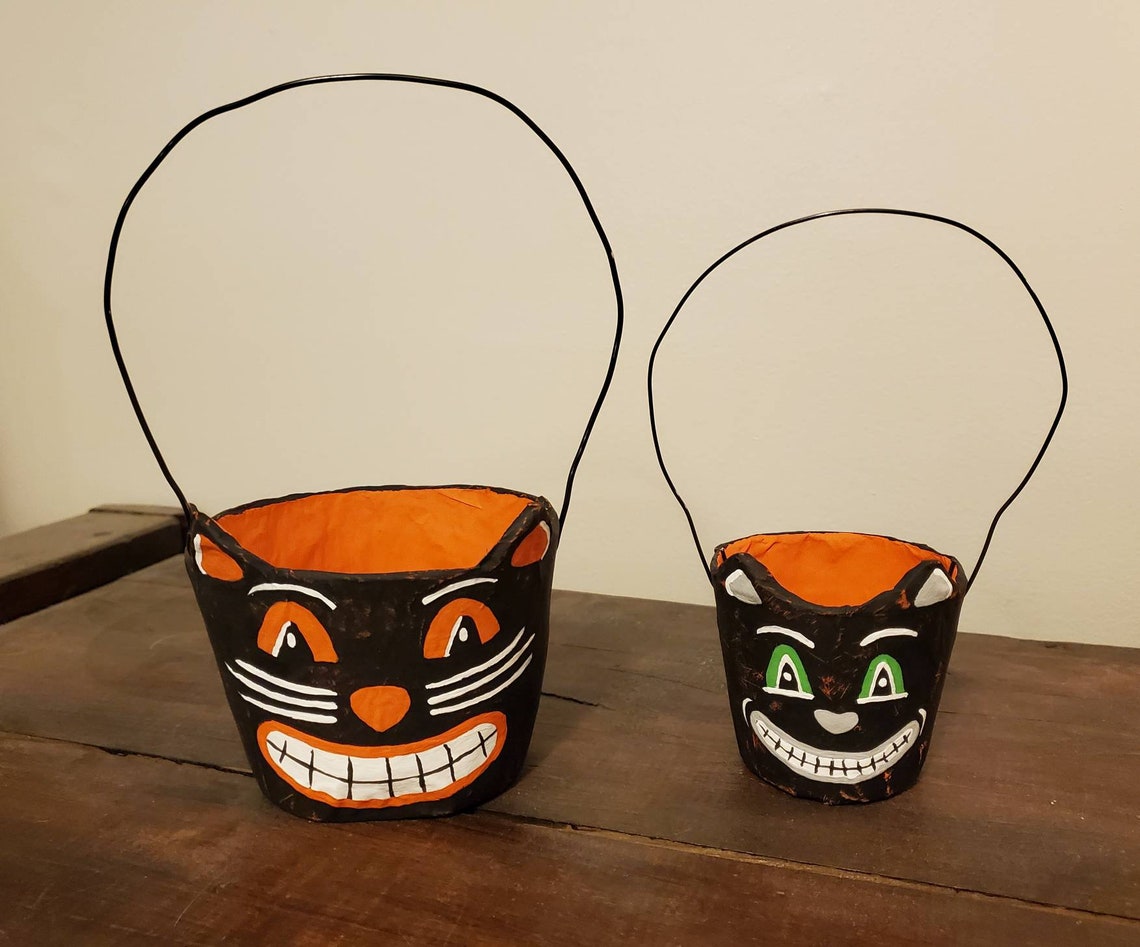 Halloween VintageStyle Paper Mache Cat Buckets Magic Etsy