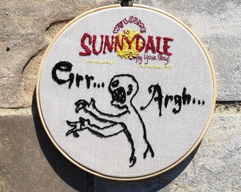 Buffy the vampire slayer Grr Argh embroidered hoop art 7", Mutant Enemy embroidered frame, Wall decorations, Hand embroidered shelf decor