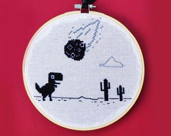 Chrome Dino Run hand embroidered hoop art 7", Pixel Art Decor, Chrome Dinosaur embroidery frame, Gamer Original Gift, Free Shipping!