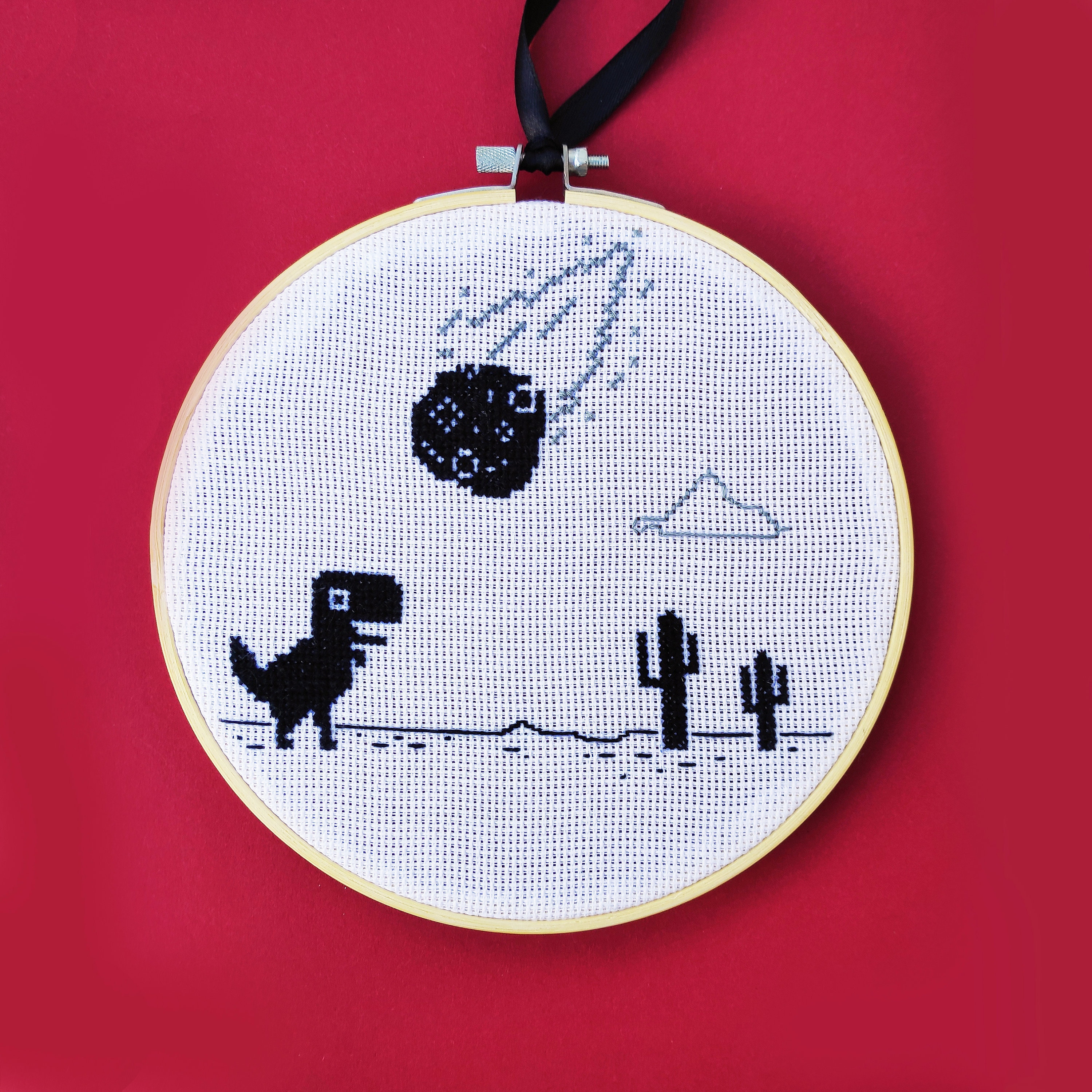 Chrome Dino Run Hand Embroidered Hoop Art 7 Pixel Art 