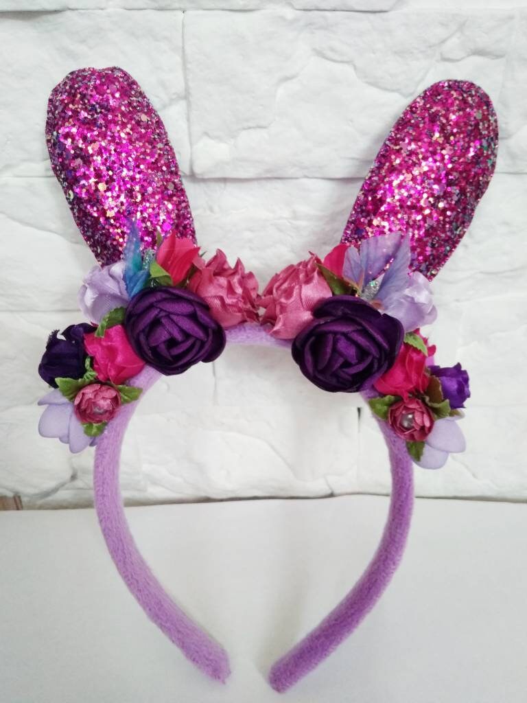 Easter bunny ears headband Purple flower bunny ears Glitter Etsy
