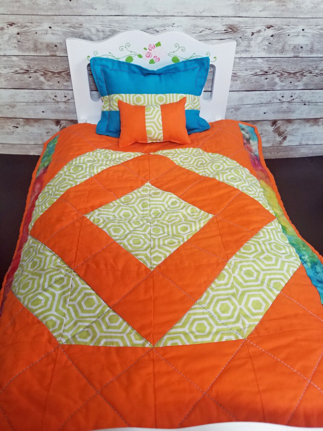 18 Inch Doll Quilt and Pillow Set, Orange and Blue, Ready to Ship Etsy