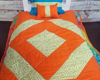 18 inch Doll Quilt and Pillow Set, Orange and Blue, Ready to Ship