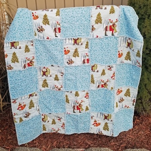 Winter Rag Quilt, Christmas Woodland Animals, Ready to Ship