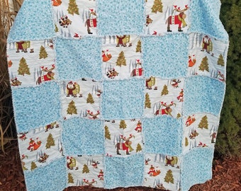 Winter Rag Quilt, Christmas Woodland Animals, Ready to Ship