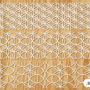 May include: A digital design featuring three rows of white geometric patterns on a wood background. The pattern is a repeating design of circles and flower shapes. The design is labelled with the text ".svg" in the bottom right corner.