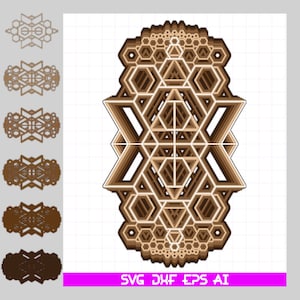 May include: A layered geometric design with a repeating pattern of hexagons and triangles. The design is in shades of brown and white, and has a 3D effect. The design is on a white background with a grid pattern.