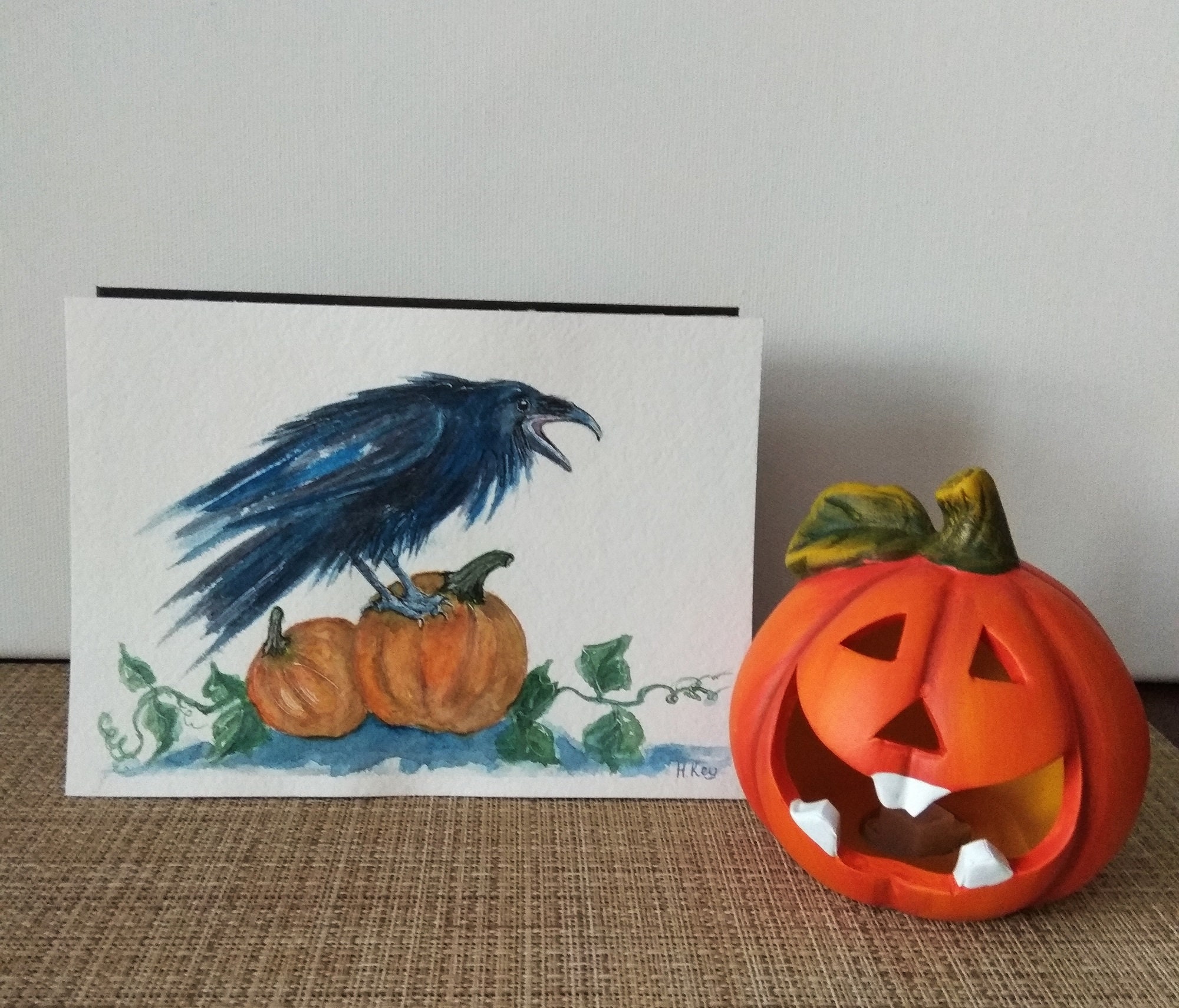 Crow Painting Original Art Crow Pumpkins Small Watercolor Art | Etsy