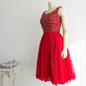 Vintage Red Sequin Cocktail Dress: Chiffon Fit & Flare, 50s Style