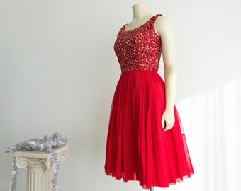 Vintage Red Sequin Cocktail Dress: Chiffon Fit & Flare, 50s Style