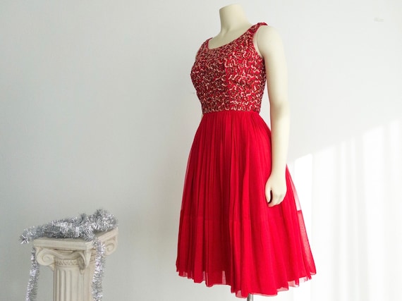 Vintage Red Sequin Cocktail Dress: Chiffon Fit & Flare, 50s Style