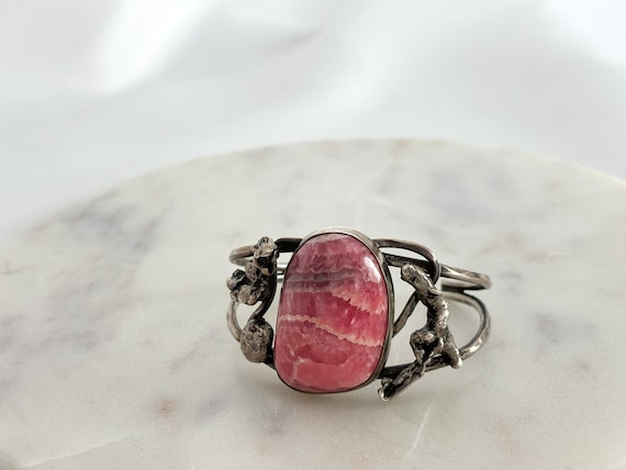 Vintage Rhodonite Sterling Silver Cuff Bracelet - Pink Stone, Initialed