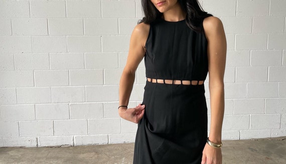 Vintage 60s Black Crepe Maxi Dress - Mod Cutout Sleeveless Gown