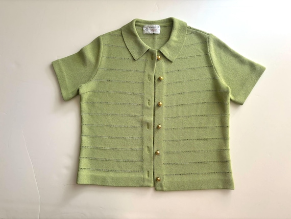 Vintage Apple Green Pointelle Knit Cardigan - 60s Office Core
