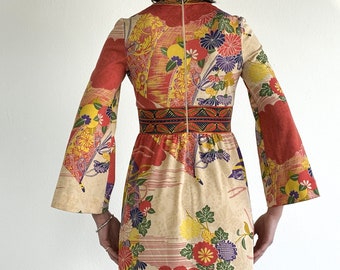 70s Goldworm Knit Maxi Dress: Floral Bell Sleeves, Polyester Boho