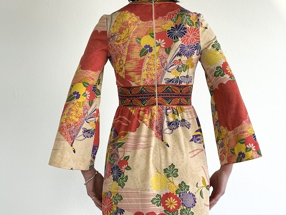 70s Goldworm Knit Maxi Dress: Floral Bell Sleeves, Polyester Boho