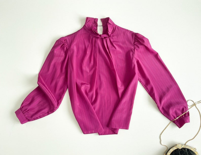 70s retro blouse secretary blouse ruffle collar hot pink image 1