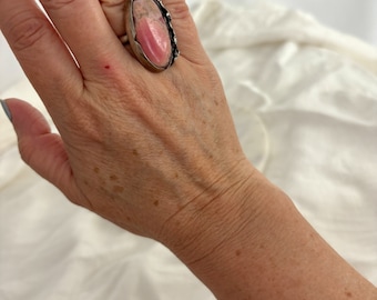 Hand Wrought Sterling Silver Rhodonite Ring - Size 7