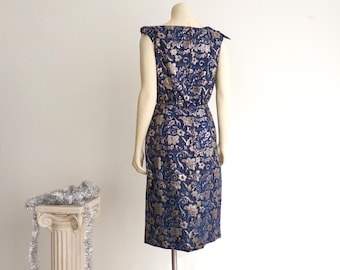 1960s Blue Silk Brocade Sheath Dress: Jackie O Style Cocktail Evening Gown