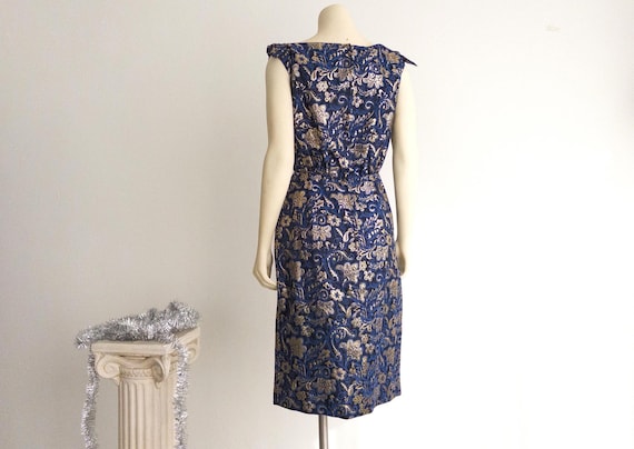 1960s Blue Silk Brocade Sheath Dress: Jackie O Style Cocktail Evening Gown