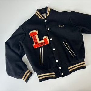 wool varsity jacket band coat cheerleading vintage 50s chain stitch name black bomber style coat athletic prep school