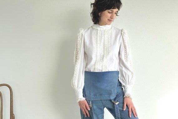 Vintage Romantic High Neck Edwardian Boho Blouse White Cotton Lace Top