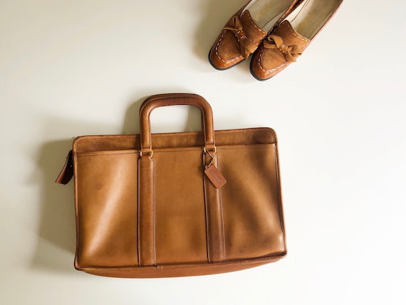 80s Coach British tan slim satchel briefcase made in NYC USA