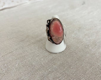 vintage sterling ring pink rhodonite oval stone sterling silver modernist jewelry with initials ME