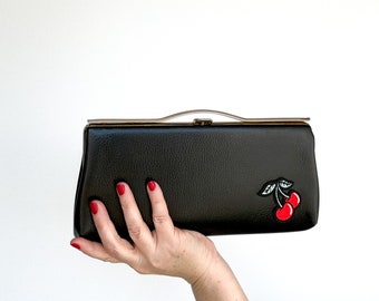 embellished vintage black leather clutch handbag reworked OOAK cherries patch Valentines Day gift for her