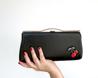 Reworked Vintage Black Leather Clutch: 50s Cherry Patch Purse