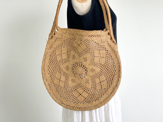 boho summer purse 70s large round straw purse sho… - image 1