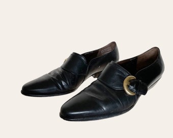 Vintage 1980s Enzo Angiolini Black Leather Loafers with Brass Buckle (Womens sz 5.5)