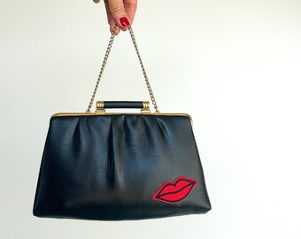 embellished vintage black leather clutch handbag reworked OOAK lips patch Valentines Day gift for her