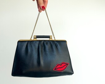 Reworked Vintage Black Leather Clutch: Red Lip Patch, Gold Chain Strap