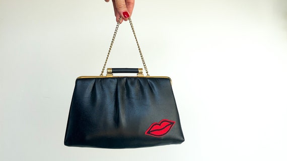 Reworked Vintage Black Leather Clutch: Red Lip Patch, Gold Chain Strap