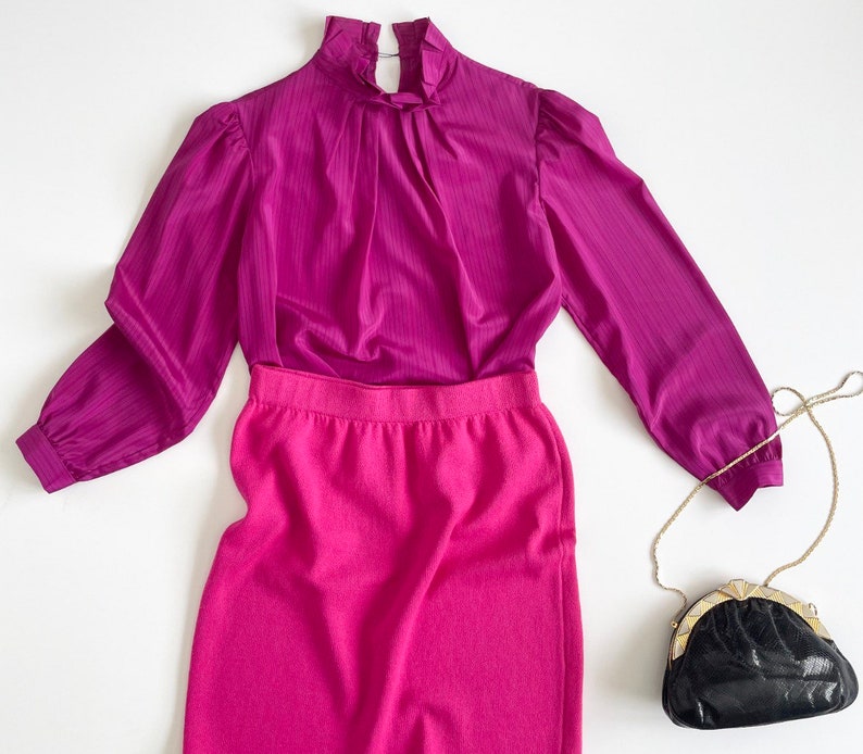 70s retro blouse secretary blouse ruffle collar hot pink image 9