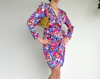Vintage 80s Silk Wrap Dress: Bold Floral Print, V-Neck