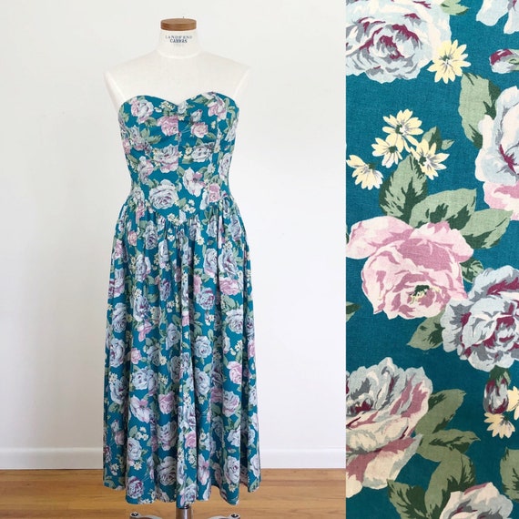 80s floral strapless summer dress with pockets fit