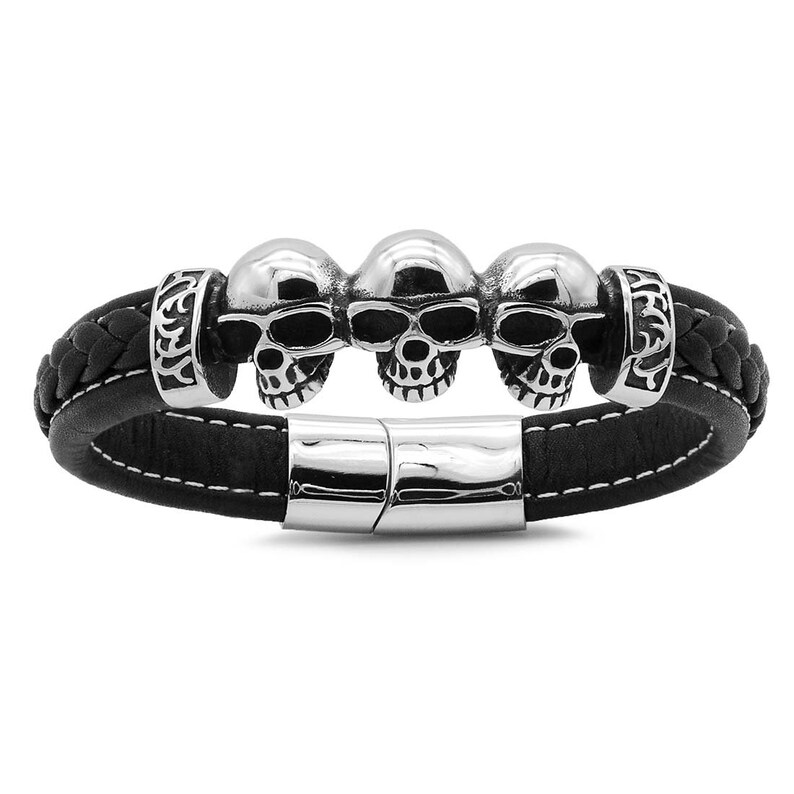 Herren Armband Leder Geflochten | Magnetverschluss Schwarz | Punk Gothic Schmuck Geschenk