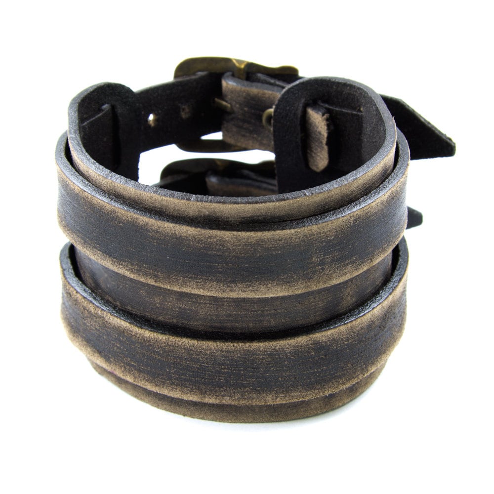 15 mm. Wide Men's Bracelet Genuine Leather Antique Black-Brown Sizes-Adjustable 180-200 and 220 mm