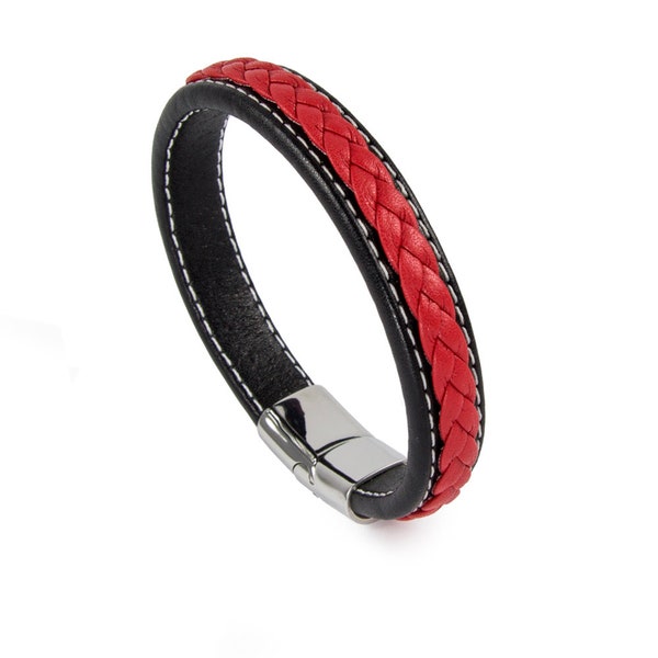 Bracelet homme élégant en cuir véritable tressé noir-rouge avec fermeture magnétique en acier inoxydable