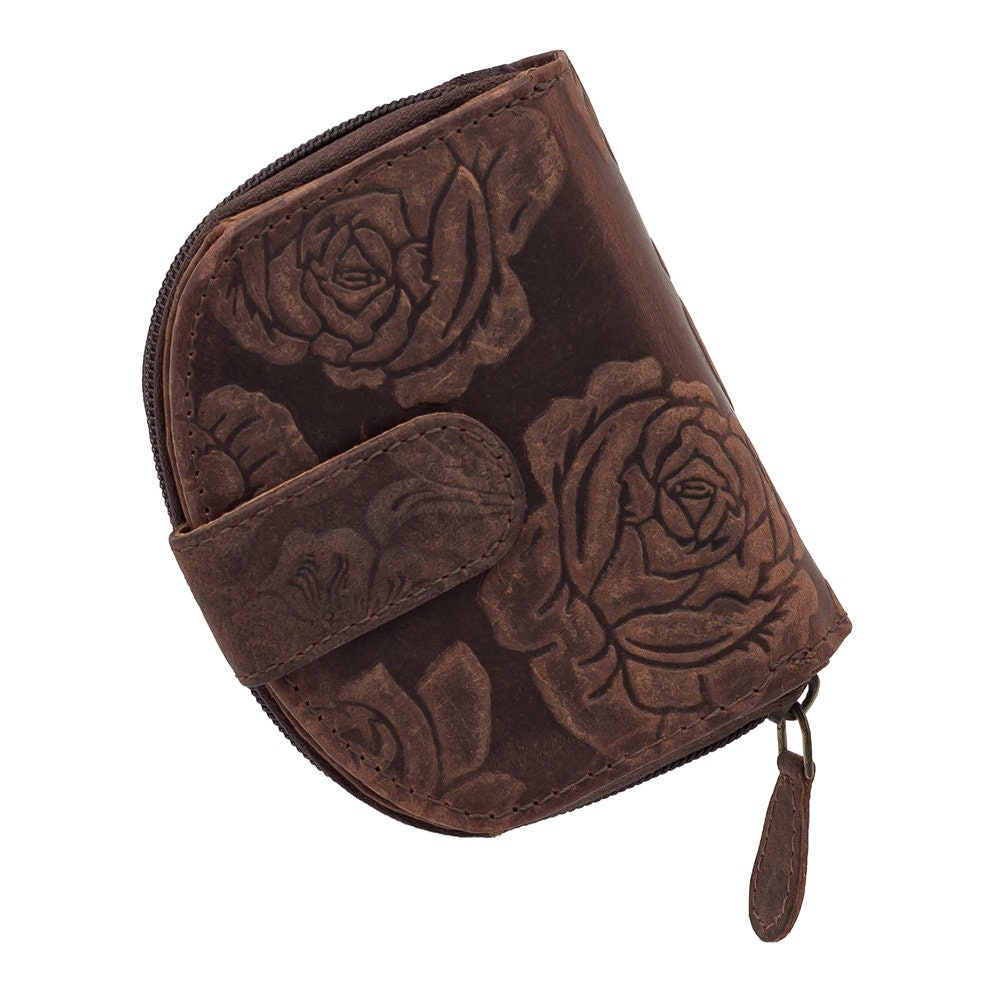 Kleines Portemonnaie oder Geldbörse mit RFID Schutz aus echtem Büffelleder  geprägt mit Rosen in Halbrunder Form in Dunkelbraun Farbe -  Schweiz