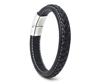 Bracelet pour hommes en cuir véritable tressé avec fermoir magnétique en acier inoxydable