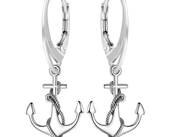 Leverback earrings with anchor made of sterling silver 925 for women and girls L= 28.0 mm