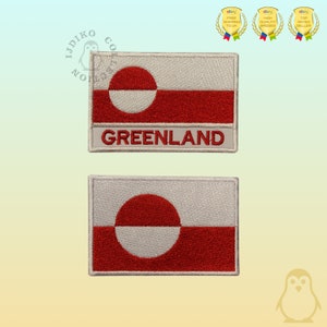 May include: Two embroidered patches featuring the flag of Greenland. The top patch has the flag with the text "GREENLAND" below it. The bottom patch shows the flag only.