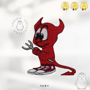 May include: Red embroidered iron-on patch of a cartoon devil holding a pitchfork. The devil is wearing red shoes and has a white face with black eyes. The patch is 7.5 inches by 7 inches.